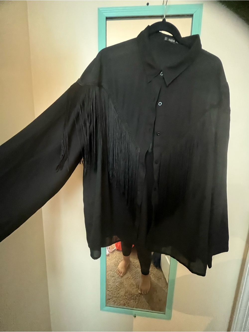 SHEIN Black Fringe Button-Up Blouse